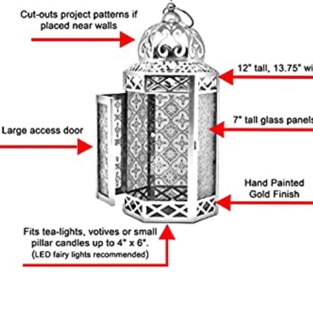 Lanterns Metal Moroccan Decorative Candle Lantern Holder for Ramadan, Gold, Red - Picture 4 of 5